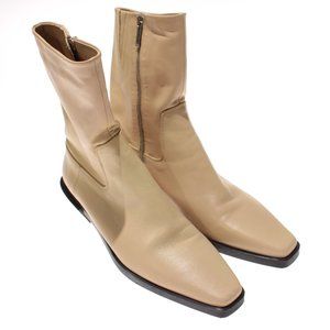 Zara Pre-Owned Leather Heeled Zip Up Ankle Cowboy Boots Size 42/US 11 in Beige